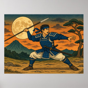 Pôster de Guerreiro Japonês com Lança sob Lua Chei