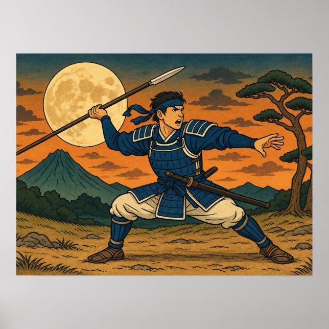 Pôster de Guerreiro Japonês com Lança sob Lua Chei (Frente)