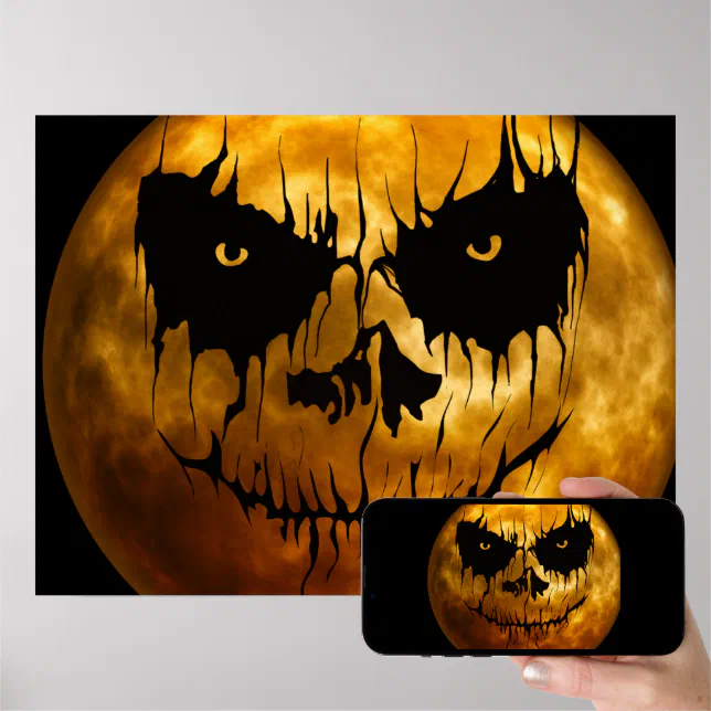 Um pôster com tema de halloween com uma cara assustadora e uma