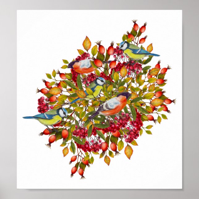 Poster de Ilustração de Plantas Botânicas e Aves (Frente)