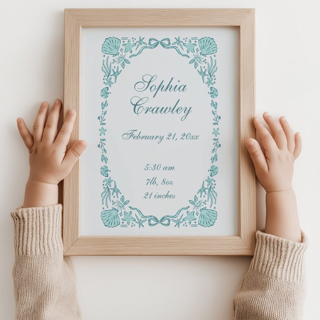 Pôster de Informações de Nascimento Azul Turquesa  (Personalized Teal Coastal Seashells Ribbon Birth Info Poster Coastal Blue)