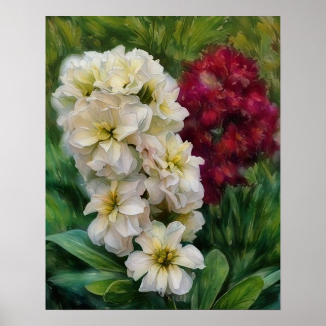 Poster de Jardim de Arte de Flores Brancas e Verme (Frente)