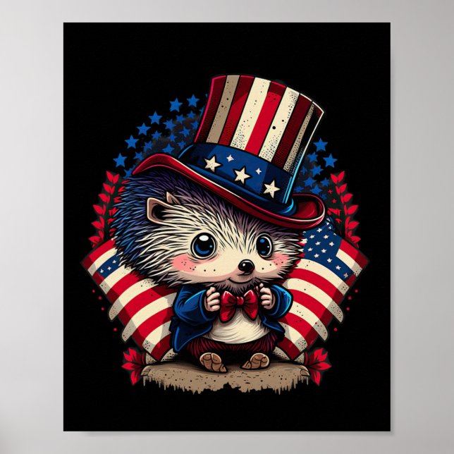 Poster De Julho Patriótico Hedgehog, Bandeira Dos Eua (Frente)