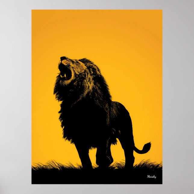 Poster de leão itinerante - Silhueta preta em amar (Frente)