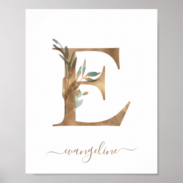 Pôster de Letra E Dourada Floral Aquarela Monogram (Frente)