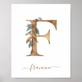 Pôster de Letra F Dourada Floral Aquarela Monogram