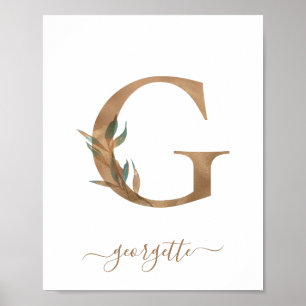 Pôster de Letra G Dourada Floral Aquarela Monogram
