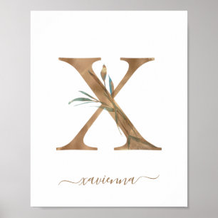 Pôster de Letra X Dourada Floral Aquarela Monogram