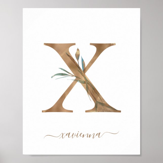 Pôster de Letra X Dourada Floral Aquarela Monogram (Frente)