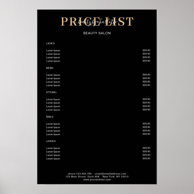 Poster de Lista de Preços Pretos Modernos (Frente)