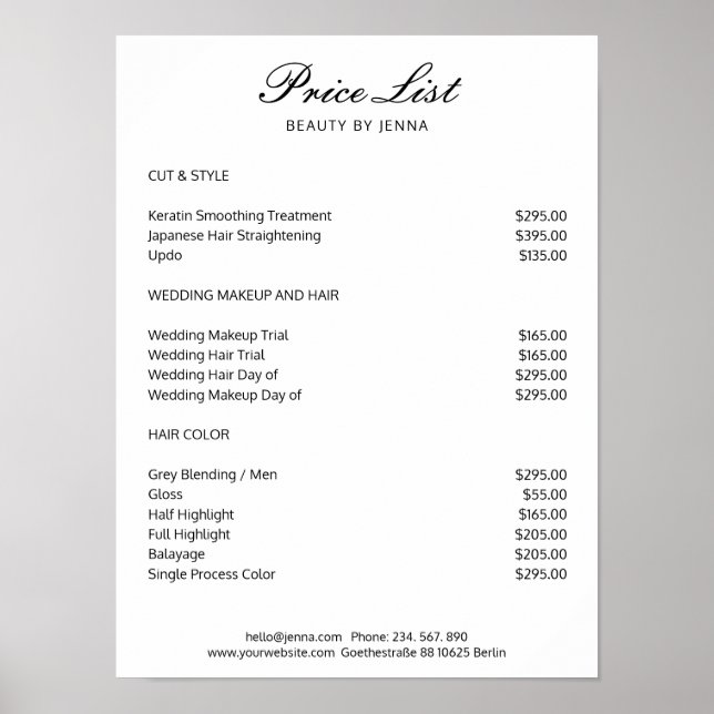 Poster de listas de preços preto branco simples (Frente)