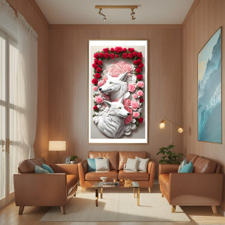 poster de lobo 3D adornado com rosas vermelhas