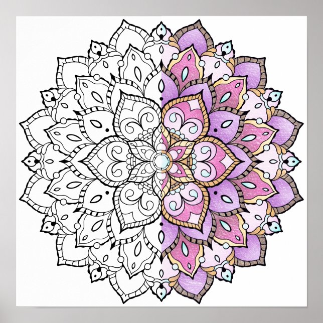 Poster de Mandala para Coloração de Adultos (Partially colored Adult Coloring Mandala Poster sample)