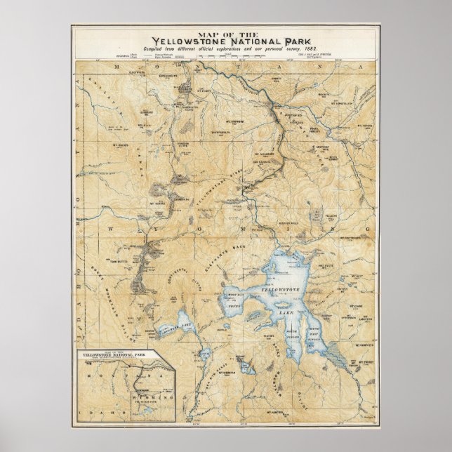 Pôster de Mapa Antigo do Yellowstone, Grand Canyon (Frente)