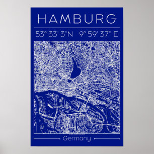 Pôster de Mapa da Cidade de Hamburgo em Blueprint 