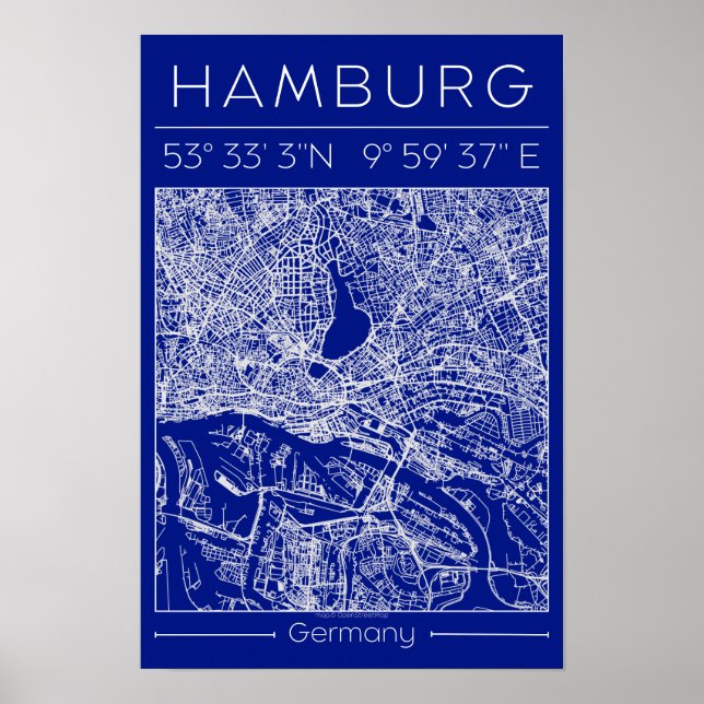 Pôster de Mapa da Cidade de Hamburgo em Blueprint  (Frente)