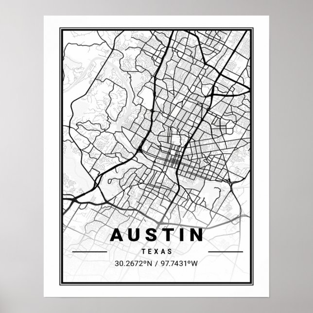 Poster de Mapa da Cidade do Viagem de Austin Texas (Frente)