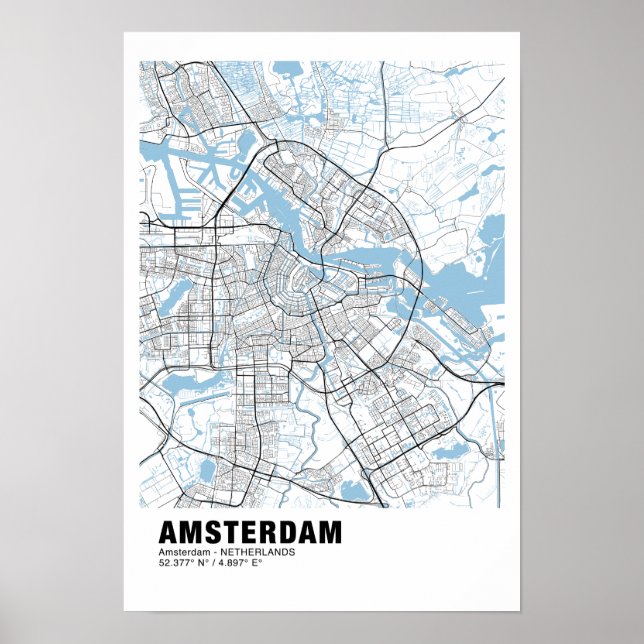 Poster de Mapa de Amsterdã - Mapa Branco de Amster (Frente)