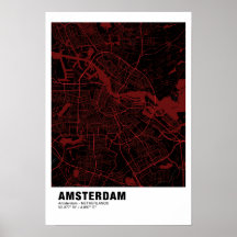 Poster de Mapa de Amsterdã - Mapa preto e vermelho