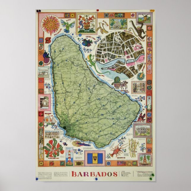 Poster de Mapa de Barbados Vintage (Frente)