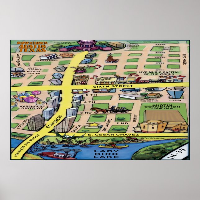 Poster de Mapa de Cartoons do Centro Austin Texas (Frente)