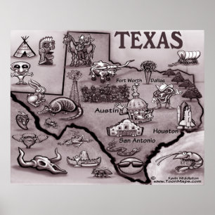 Poster de Mapa de Cartoons do Texas Antigo