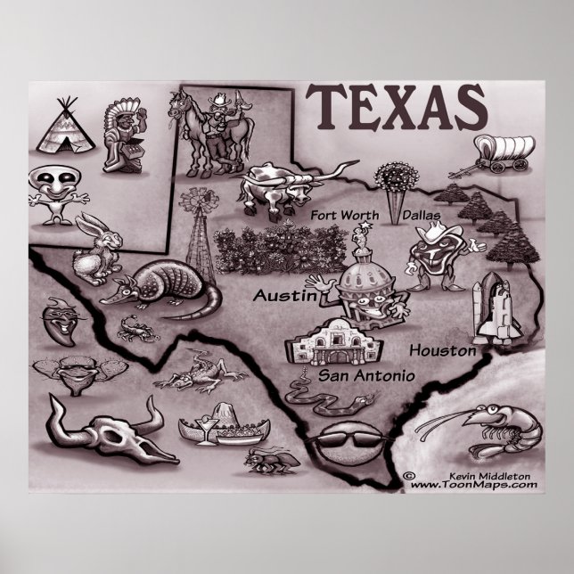Poster de Mapa de Cartoons do Texas Antigo (Frente)