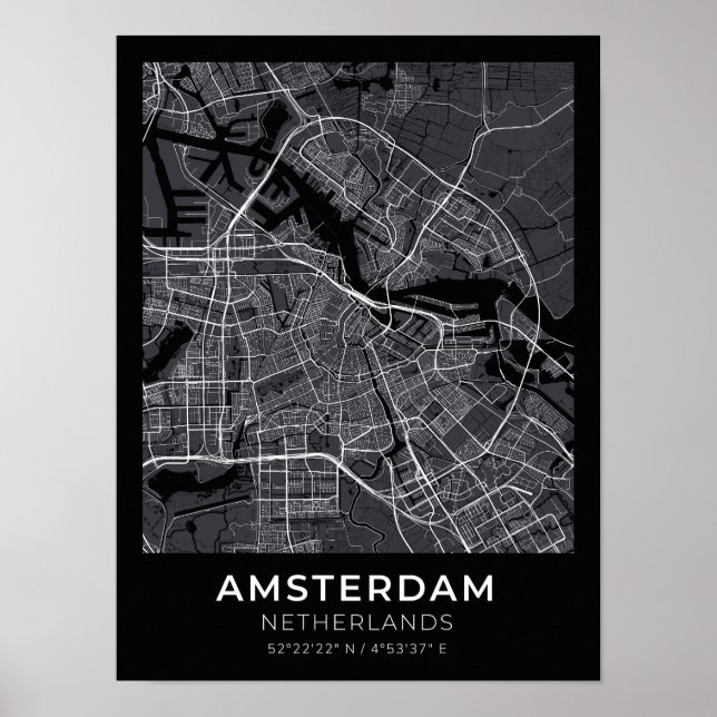 Poster de Mapa de Cidade Negra de Amsterdã Holanda (Frente)