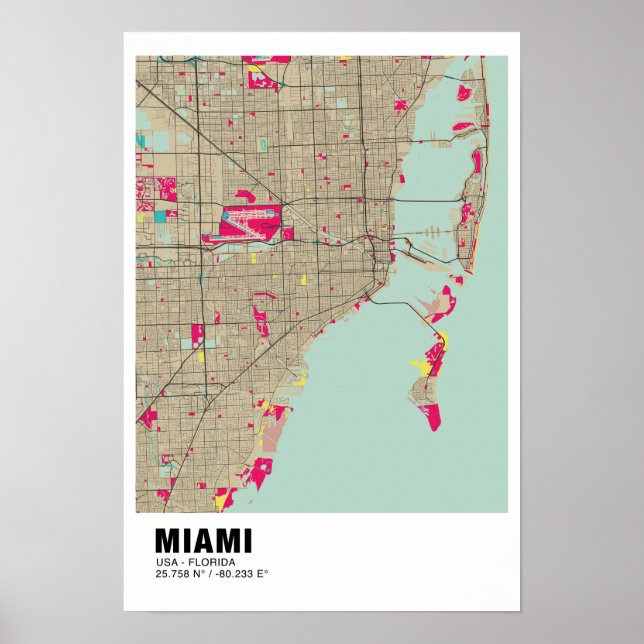Poster de Mapa de Miami - Mapa Colorido de Miami (Frente)