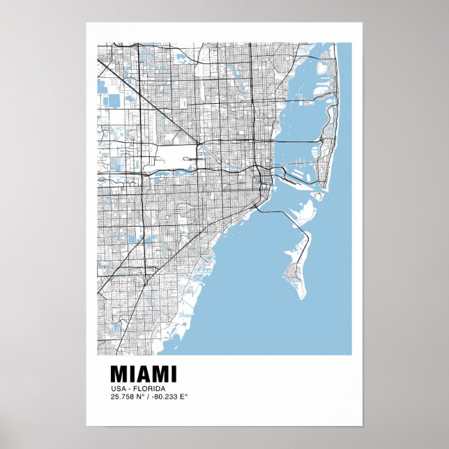 Poster de Mapa de Miami - Mapa Preto de Miami (Frente)