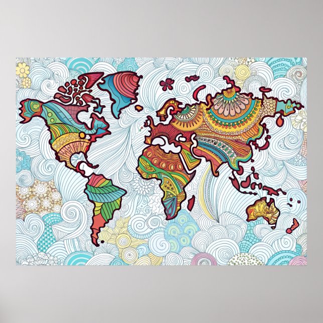 Poster de Mapa do Mundo Design Asiático (Frente)