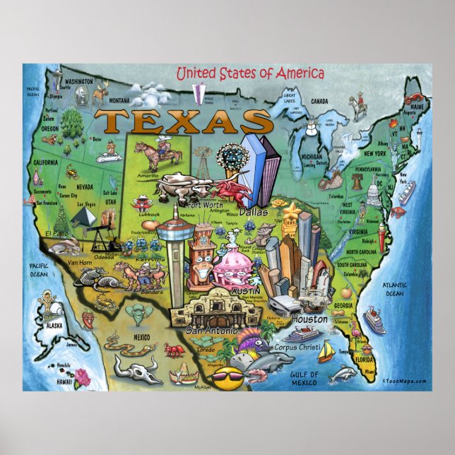 Poster de Mapa do Texas USA (Frente)