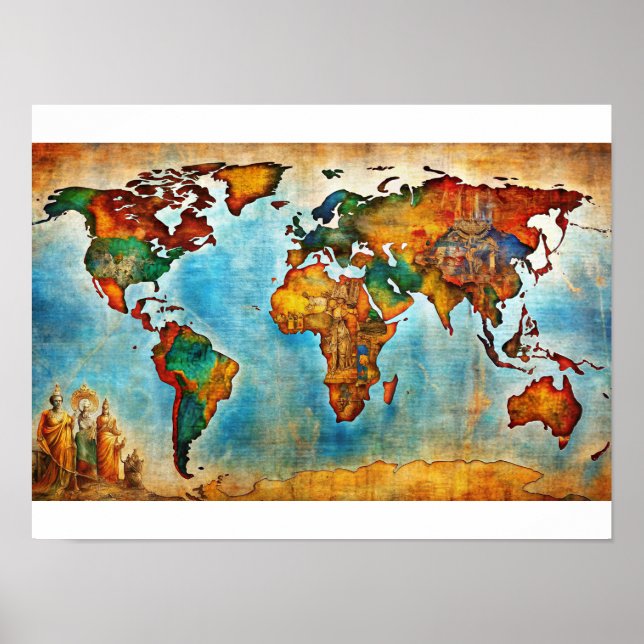 Poster de Mapa Mundial de Aquarela Antiquada (Frente)