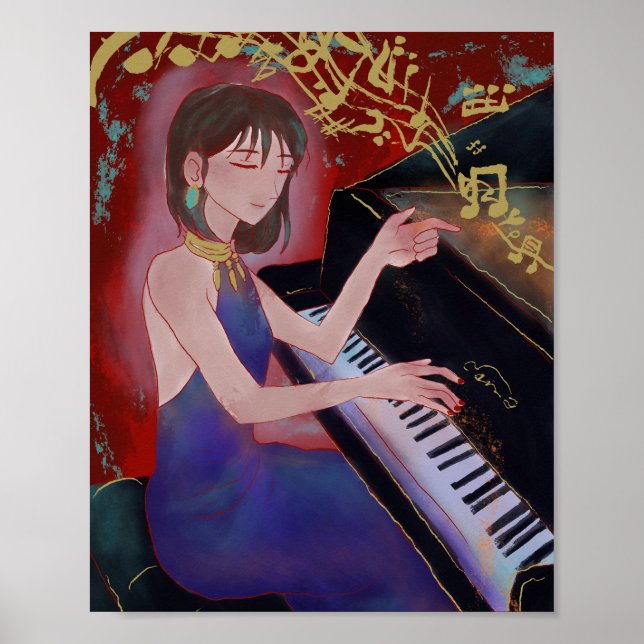 Poster de Menina no Estilo Anime Tocando Piano  (Frente)