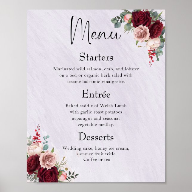 Poster de Menu Floral de Blush Blush Moderno Burgu (Frente)