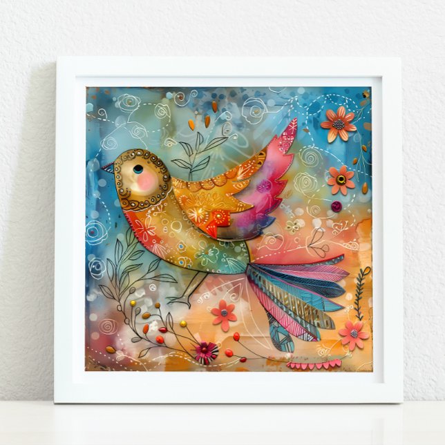 POSTER DE MÍDIA MISTA DE AVES COLORIDA (COLORFUL BIRD MIXED MEDIA POSTER)