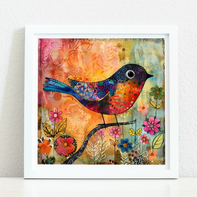 POSTER DE MÍDIA MISTA DE AVES COLORIDA (COLORFUL BIRD MIXED MEDIA POSTER)
