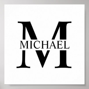 Poster de Monograma Personalizado Branco e Nome