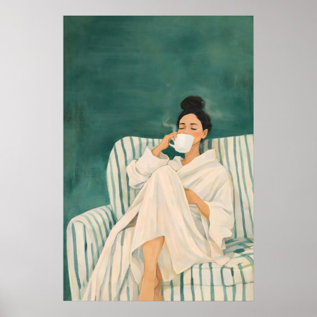 Poster de Mulher Bebendo Café, Manhã Aconchegante (Frente)