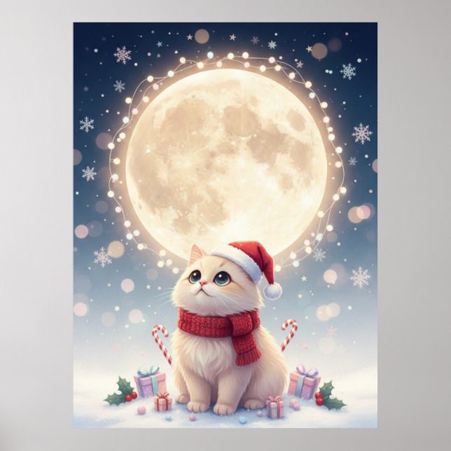 Poster de Natal de Gatinho Fofo Kawaii com a Lua (Frente)