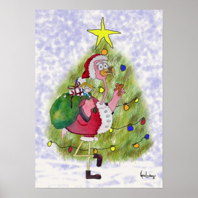 Poster de Natal Feliz Flamingo Whimsical (Frente)