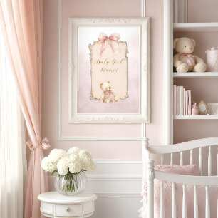 Pôster de Nome da Sala de Bebê Urso Teddy Rosa