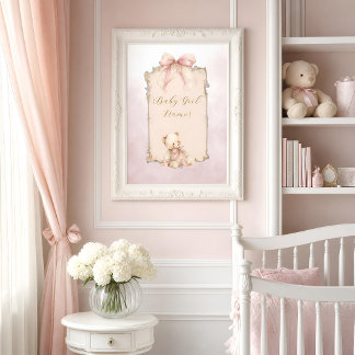 Pôster de Nome da Sala de Bebê Urso Teddy Rosa
