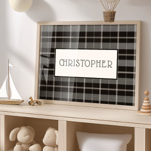 Poster de Nome Personalizado Xadrez Cinza Preto pa