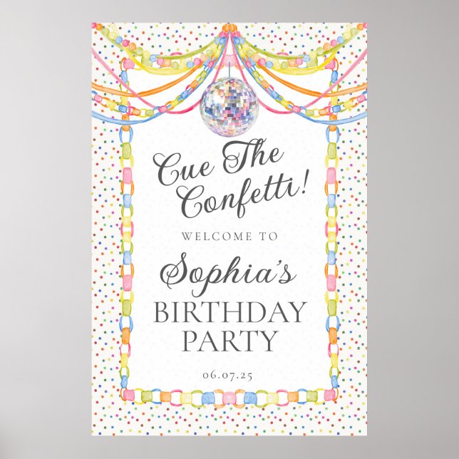 Poster Dê o sinal para a festa de aniversário com confete (Frente)