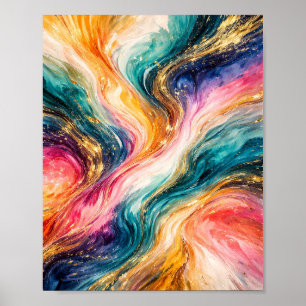 Pôster de Ondas Abstratas Fluxo Dourado