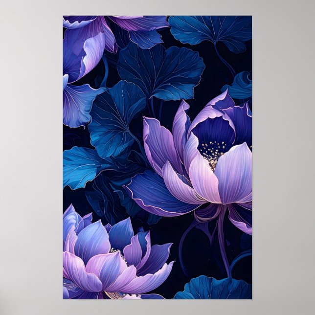 Poster de padrão de lótus azul roxo Elegante (Frente)