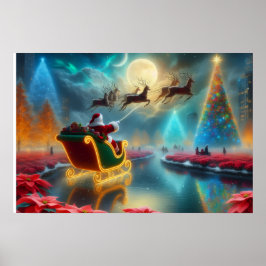 Pôster de Papai Noel e suas renas voando no céu