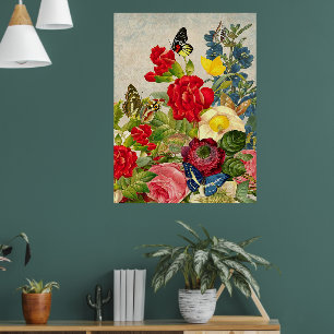 Pôster de papel de flores e borboletas vintage