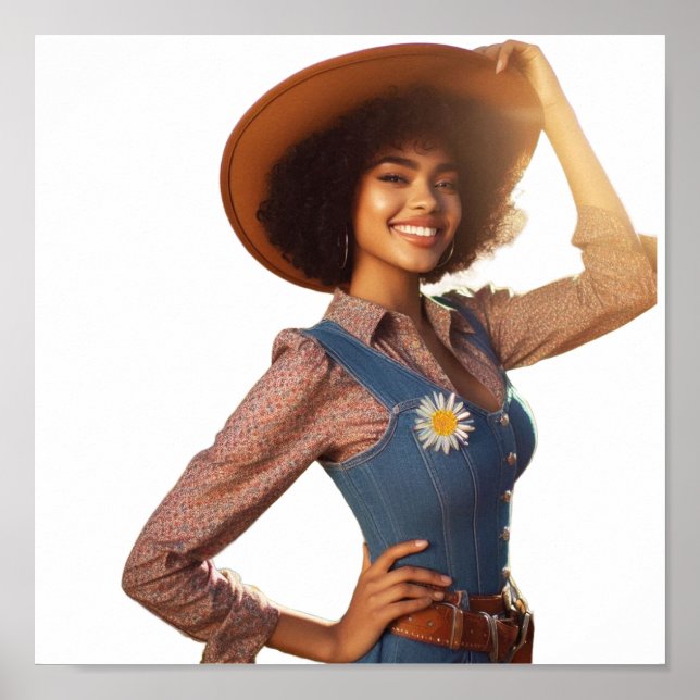 Poster de Parede Cowgirl Moderna Posando com Chapé (Frente)